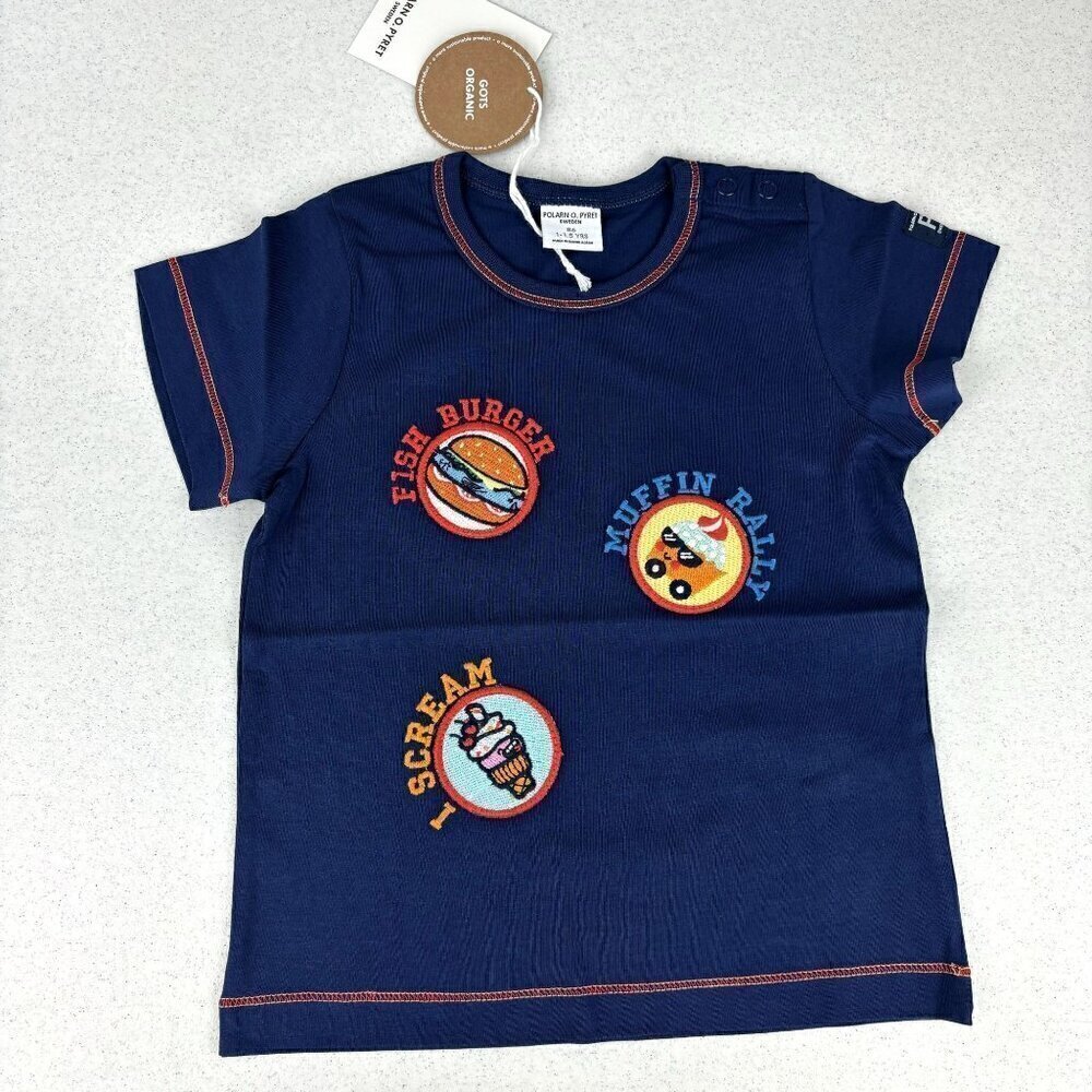 Polarn O. Pyret Blue Food Patch Tee NWT 1-15.Y